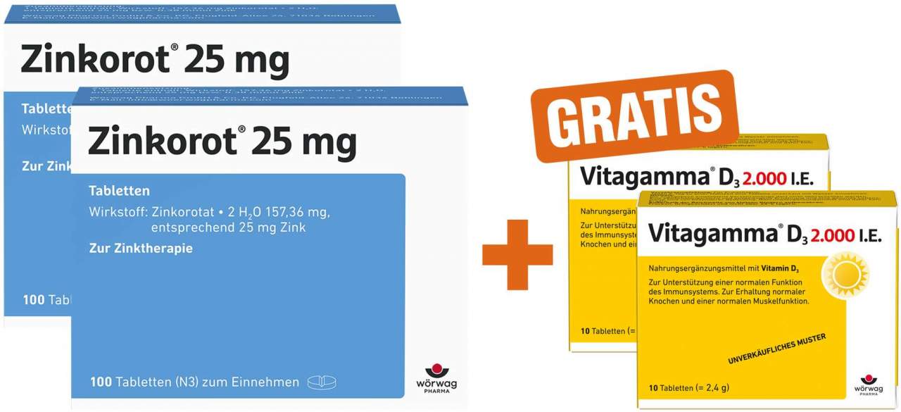 Zinkorot 25 mg 2 x 100 Tabletten + gratis Vitagamma D3 2.000 I.E. 2 x 10 Tabletten