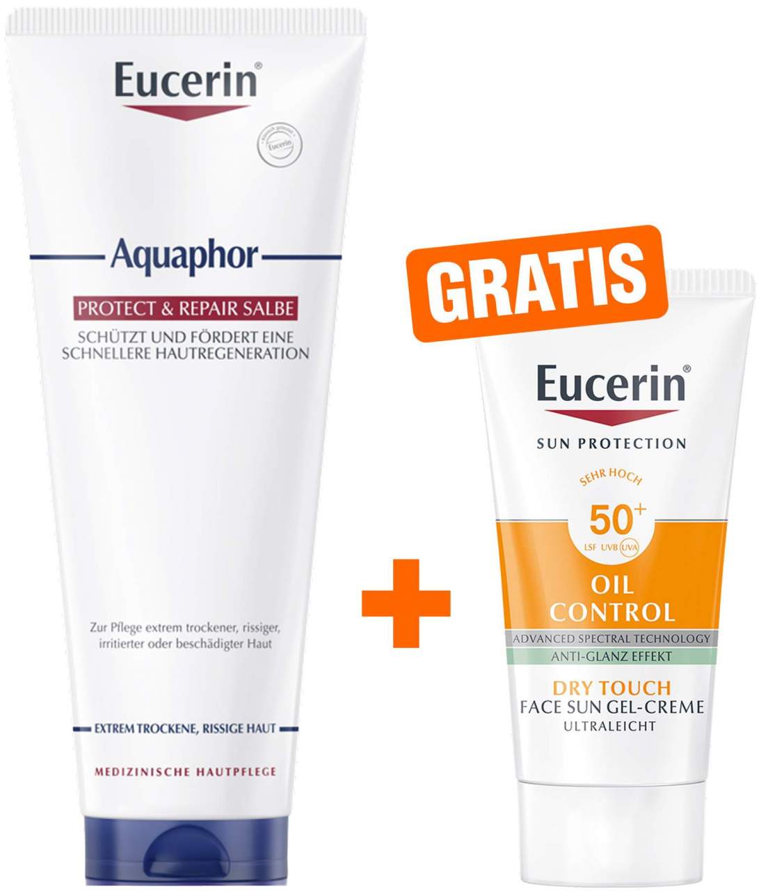 Eucerin Aquaphor Protect & Repair 220 ml Salbe + gratis Eucerin Sun Gel-Creme Oil Control 20 ml - Sehr Empfindliche Gesichtshaut