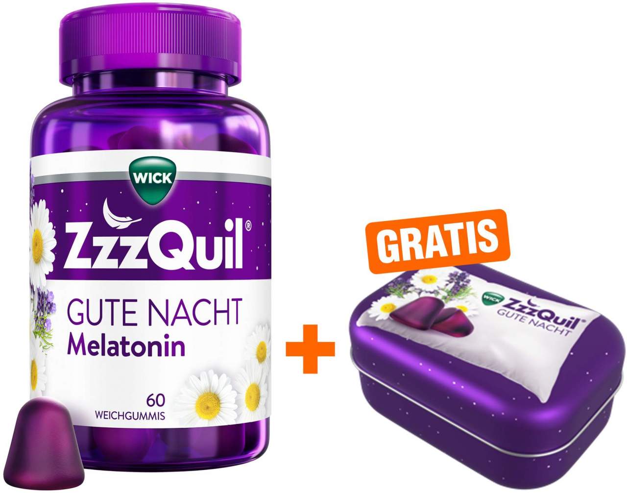 Wick ZzzQuil Gute Nacht 60 Weichgummis + gratis Wick ZzzQuil Reise-Dose 1 Stück