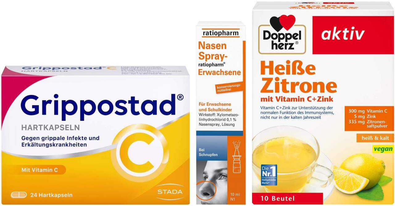 Sparset Grippostad 24 Hartkapseln & Nasenspray 10 ml & Heiße Zitrone 10 Beutel