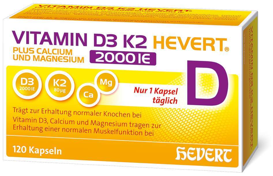 Vitamin D3 K2 Hevert + Calcium und Magnesium 2000IE 120 Kapseln