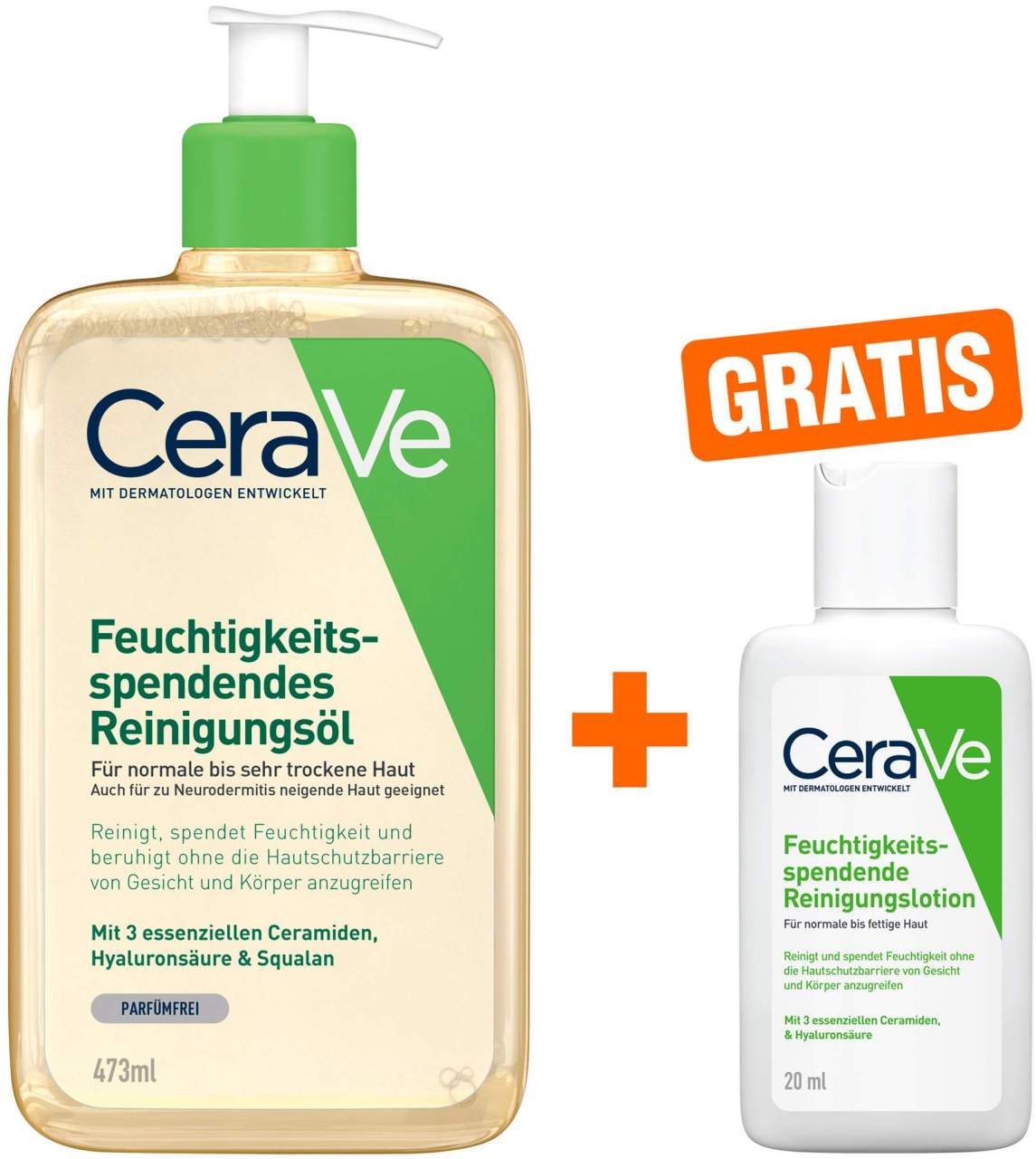CeraVe Reinigungsöl 473 ml + gratis CeraVe feuchtigkeitsspendende Reinigungslotion 20 ml - Reinigung für Körper und Gesicht