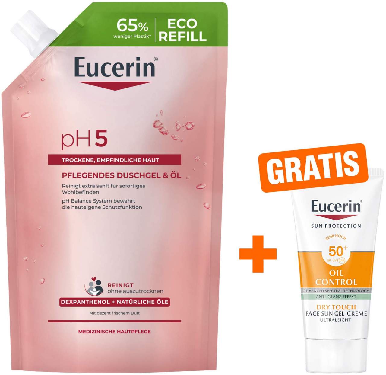 Eucerin pH5 Pflegendes Duschgel & Öl Nachfüllbeutel 400 ml + Eucerin Sun Gelcreme Oil Control 20 ml - Zum Duschen