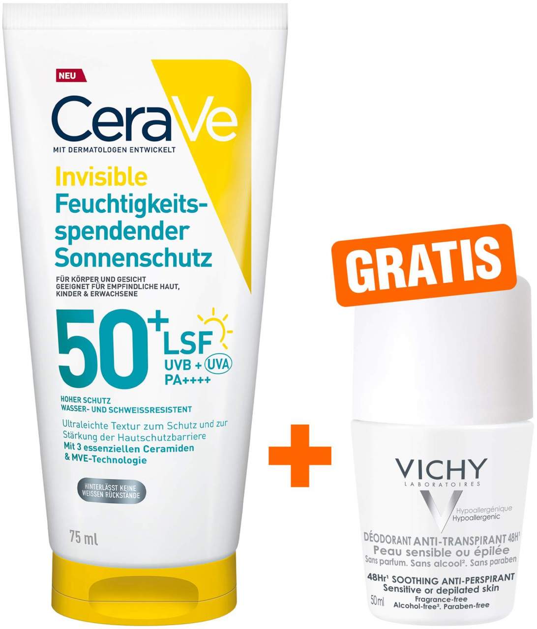 CeraVe Feuchtigkeitsspendender Sonnenschutz LSF 50+ 75ml + gratis Vichy Deo Roll-on Anti Flecken 48h 50 ml
