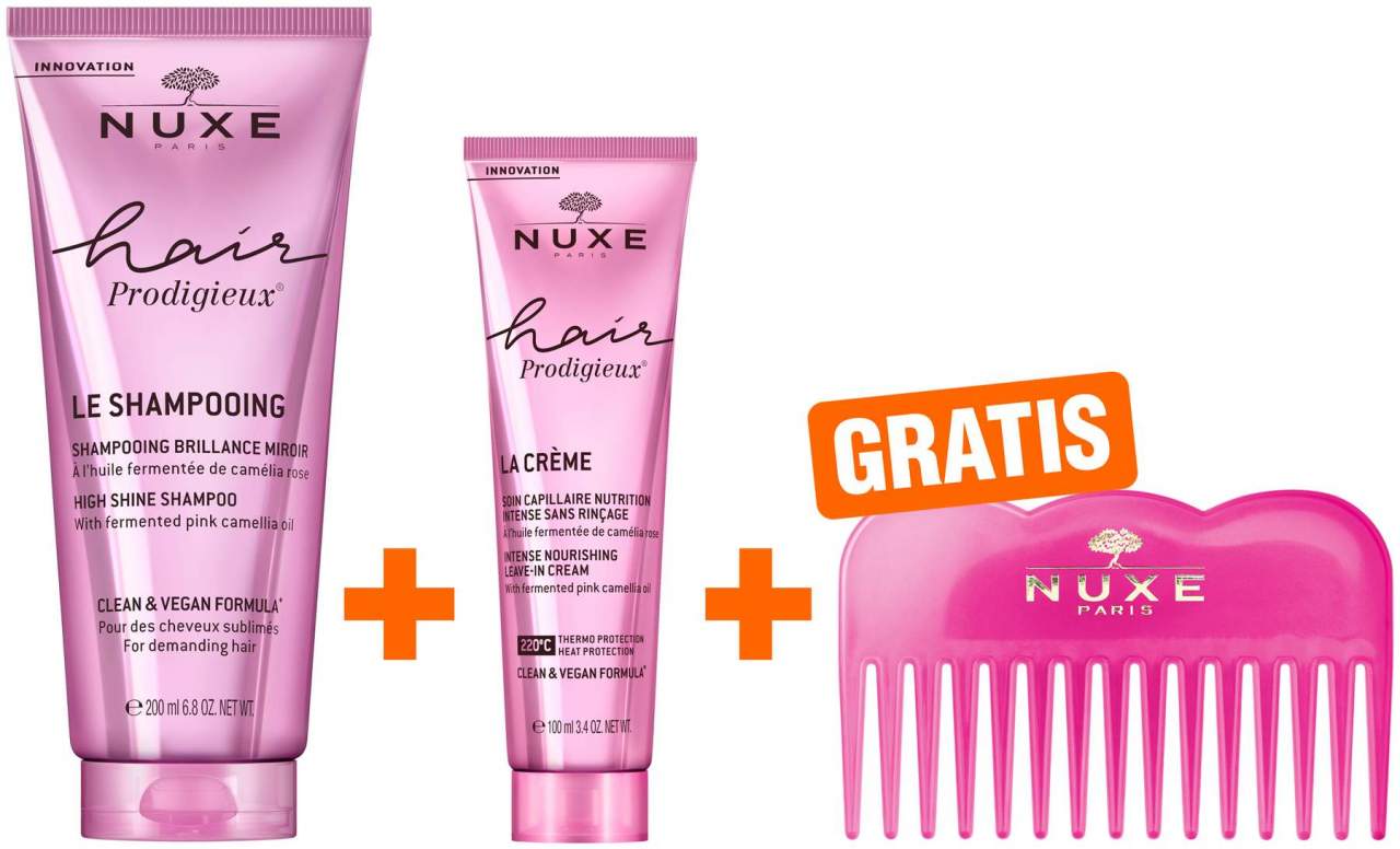 NUXE Hair Prodigieux Glanz-Shampoo 200 ml + NUXE Hair Prodigieux Leave-In Haarpflege 100 ml + gratis Kamm 1 Stück