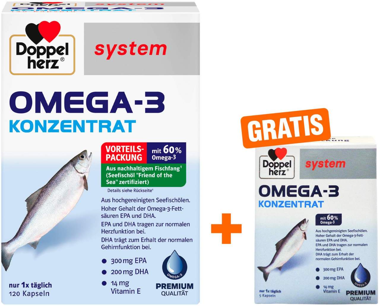 Doppelherz system Omega 3 Konzentrat Kapseln 120 Stück + gratis Doppelherz system Omega-3 Konzentrat 5 Kapseln