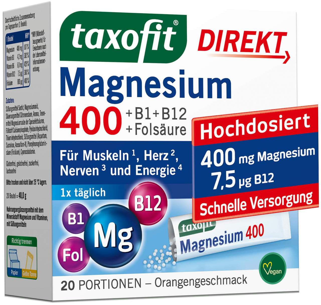 Taxofit Magnesium 400 + B1 + B6 + B12 + Folsäure 800 µg 20 Portionen