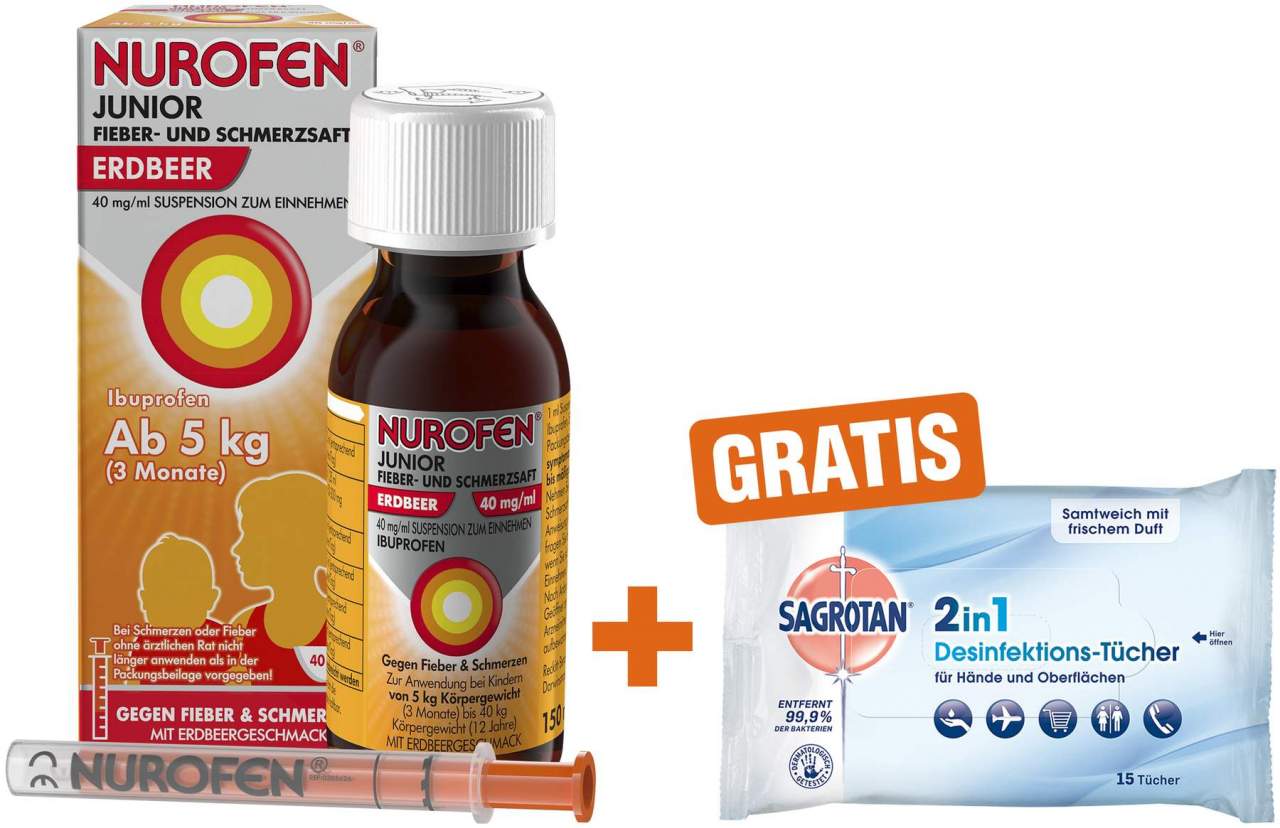 Nurofen Junior Fieber- & Schmerzsaft 40 mg pro ml 150 ml + Sagrotan 2 in 1 Desinfektionstücher 15 Stück