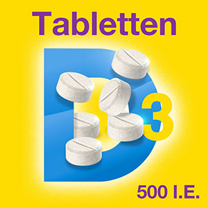 Vigantol Tabletten: Illustration von Vitamin D3 Tabletten, die die Bedeutung von 500 I.E. Vitamin D3 hervorhebt.