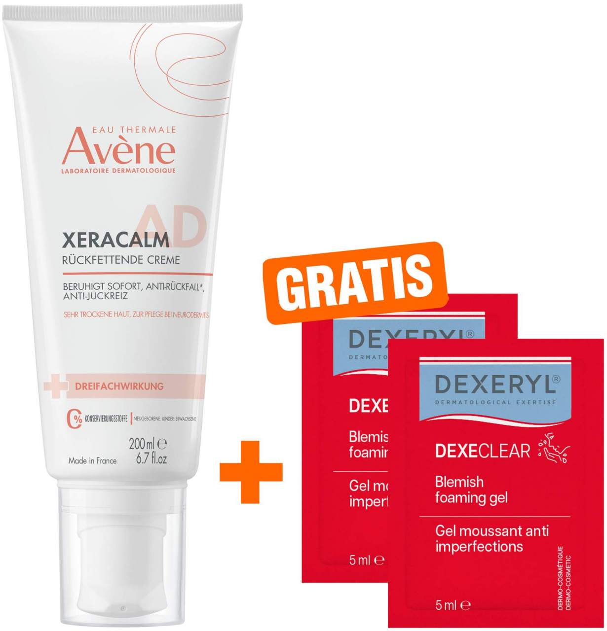 Avene XeraCalm A.D 200 ml Creme + gratis Dexeryl Dexeclear schäumendes Reinigungsgel 2 x 5 ml