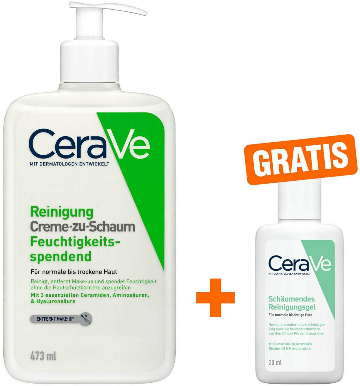 CeraVe Creme-zu-Schaum Reinigung 473 ml + gratis Schäumendes Reinigungsgel 20 ml - Für trockene Gesichtshaut