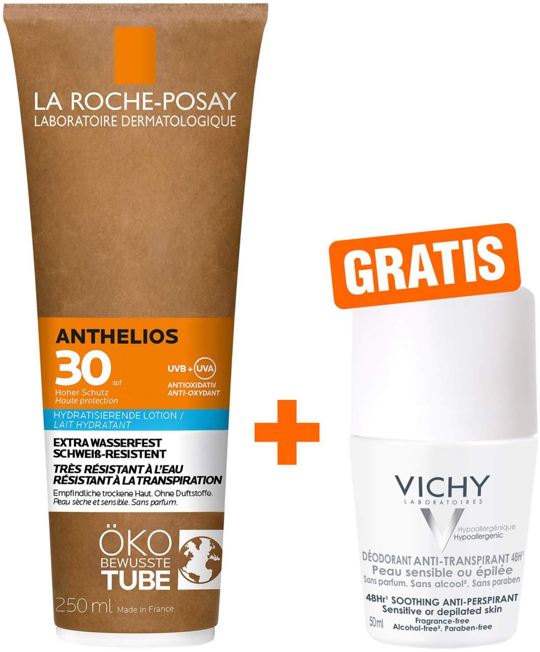 La Roche Posay Anthelios Milch LSF 30 Papp Tube 250 ml + gratis Vichy Deo Roll-on Anti Flecken 48h 50 ml - Feuchtikeitsspendender Sonnenschutz