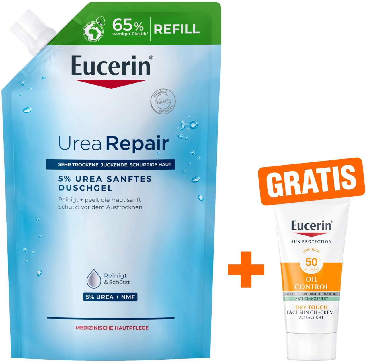 Eucerin UreaRepair 5% Urea Sanftes Duschgel Refil 400 ml + gratis Eucerin Sun Gel-Creme Oil Control 20 ml - Zur Duschpflege