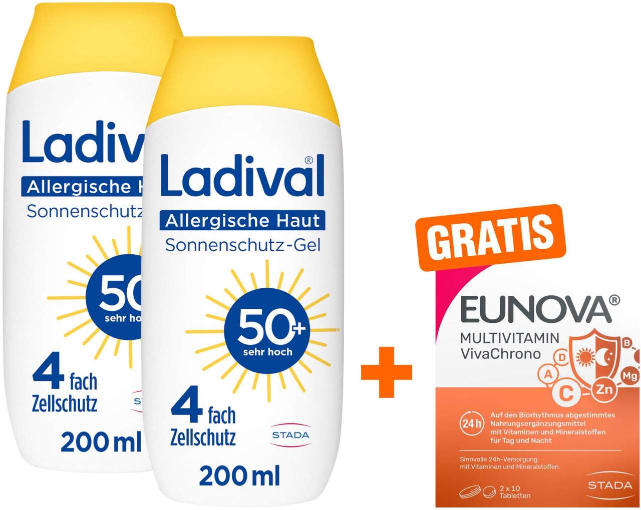Ladival allergische Haut Sonnenschutz-Gel LSF 50+ 2 x 200 ml + gratis Eunova VivaChrono 2 x 10 Tabletten
