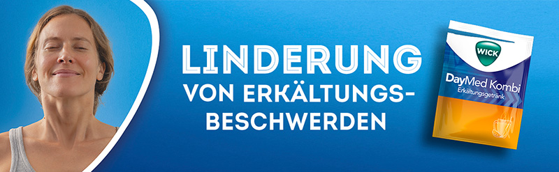 Gezeigt werden ein lächelndes Frauengesicht sowie die Verpackung von WICK DayMed Kombi Erkältungsgetränk. Der Text sagt: Linderung von Erkältungsbeschwerden.