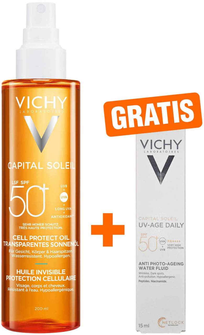 Vichy Capital Soleil Cell Protect Oil LSF 50 200 ml + gratis Capital Soleil UV-Age Daily LSF50+ 15 ml - Sonnenschutz