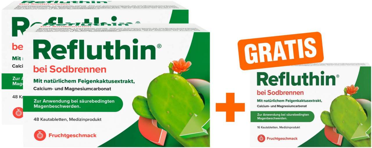 Refluthin Kautabletten Fruchtgeschmack 2 x 48 Stück + gratis 16 Kautabletten