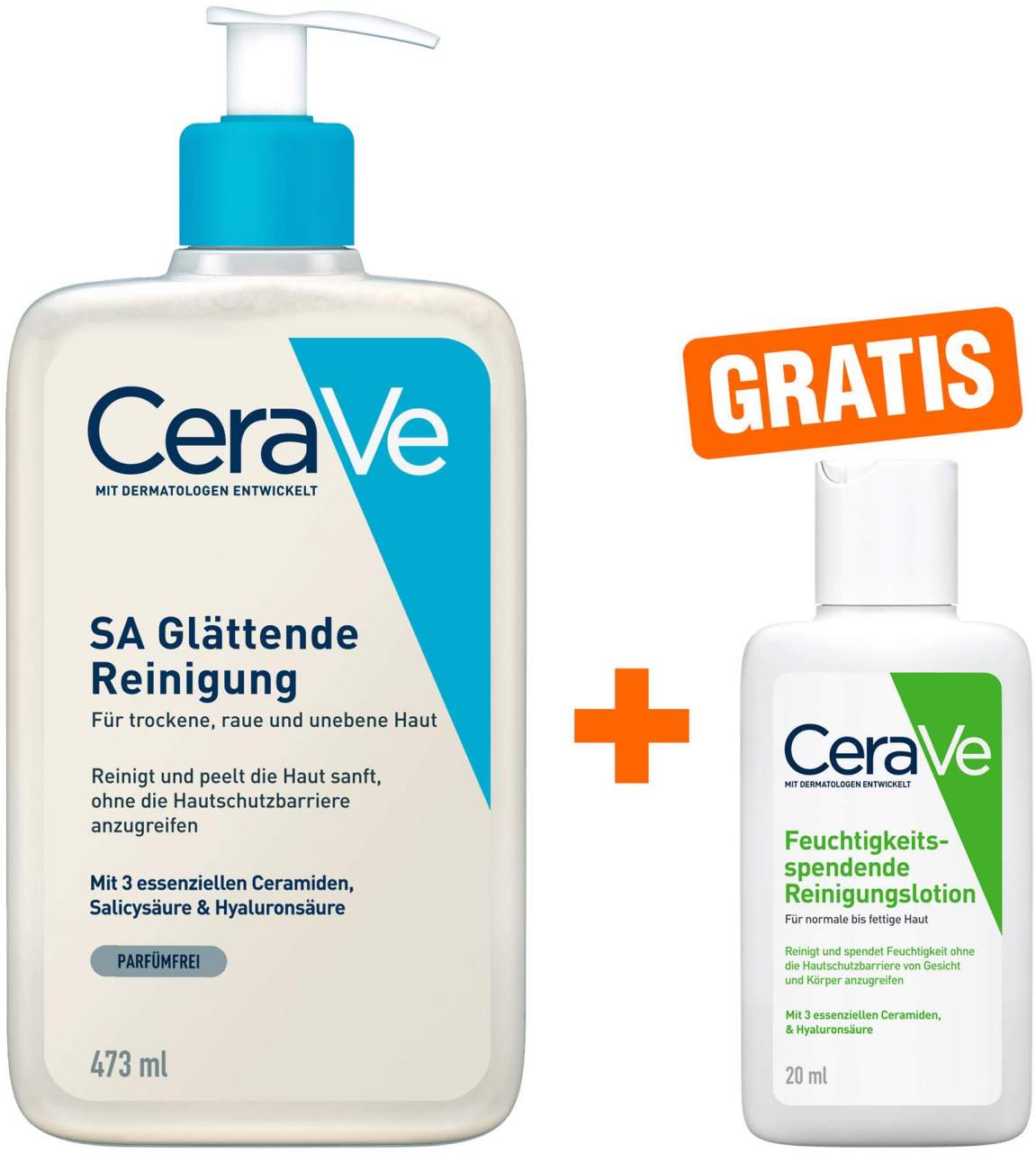 CeraVe SA Glättende Reinigung 473 ml + gratis Feuchtigkeitsspendende Reinigungslotion 20 ml - Für trockene raue und unebene Haut