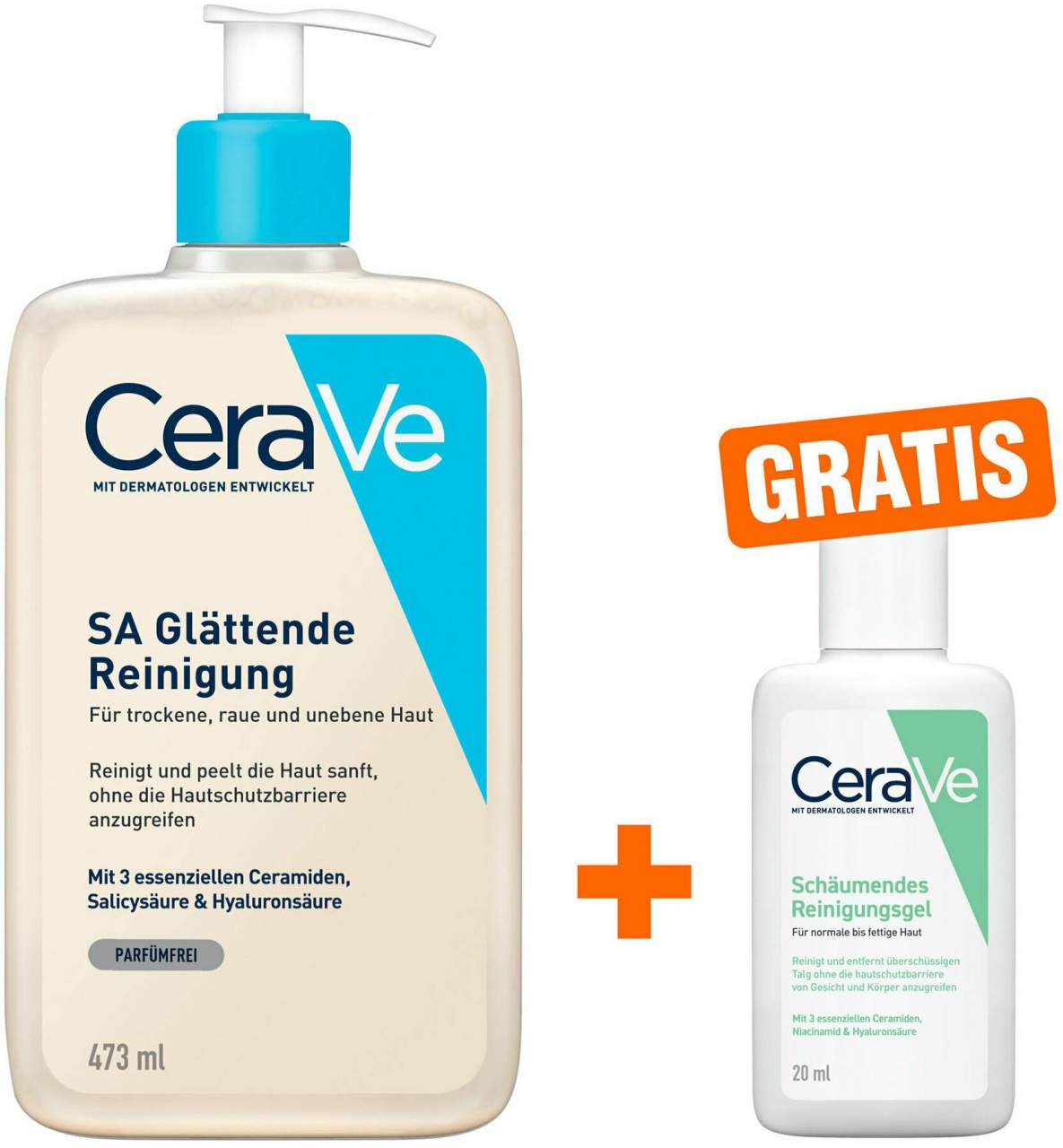 CeraVe SA Glättende Reinigung 473 ml + gratis Schäumendes Reinigungsgel 20 ml - Für trockene raue und unebene Haut