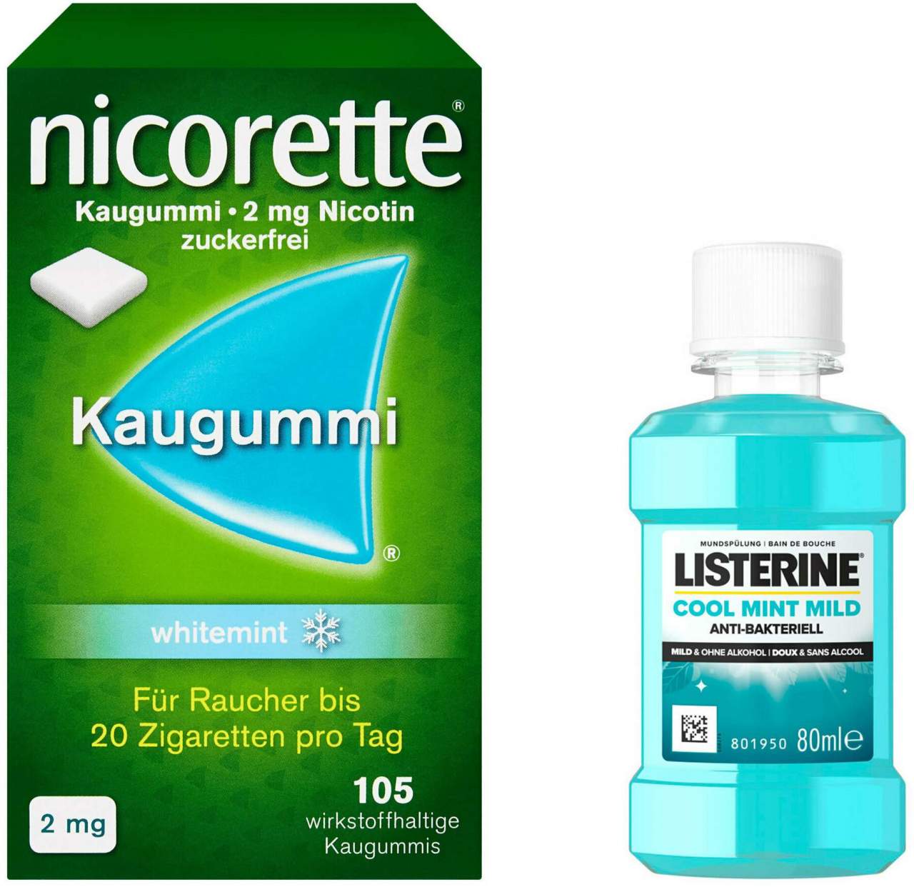 Nicorette 2 mg Freshmint Kaugummi 105 Kaugummis + gratis Listerine Cool Mint 80 ml