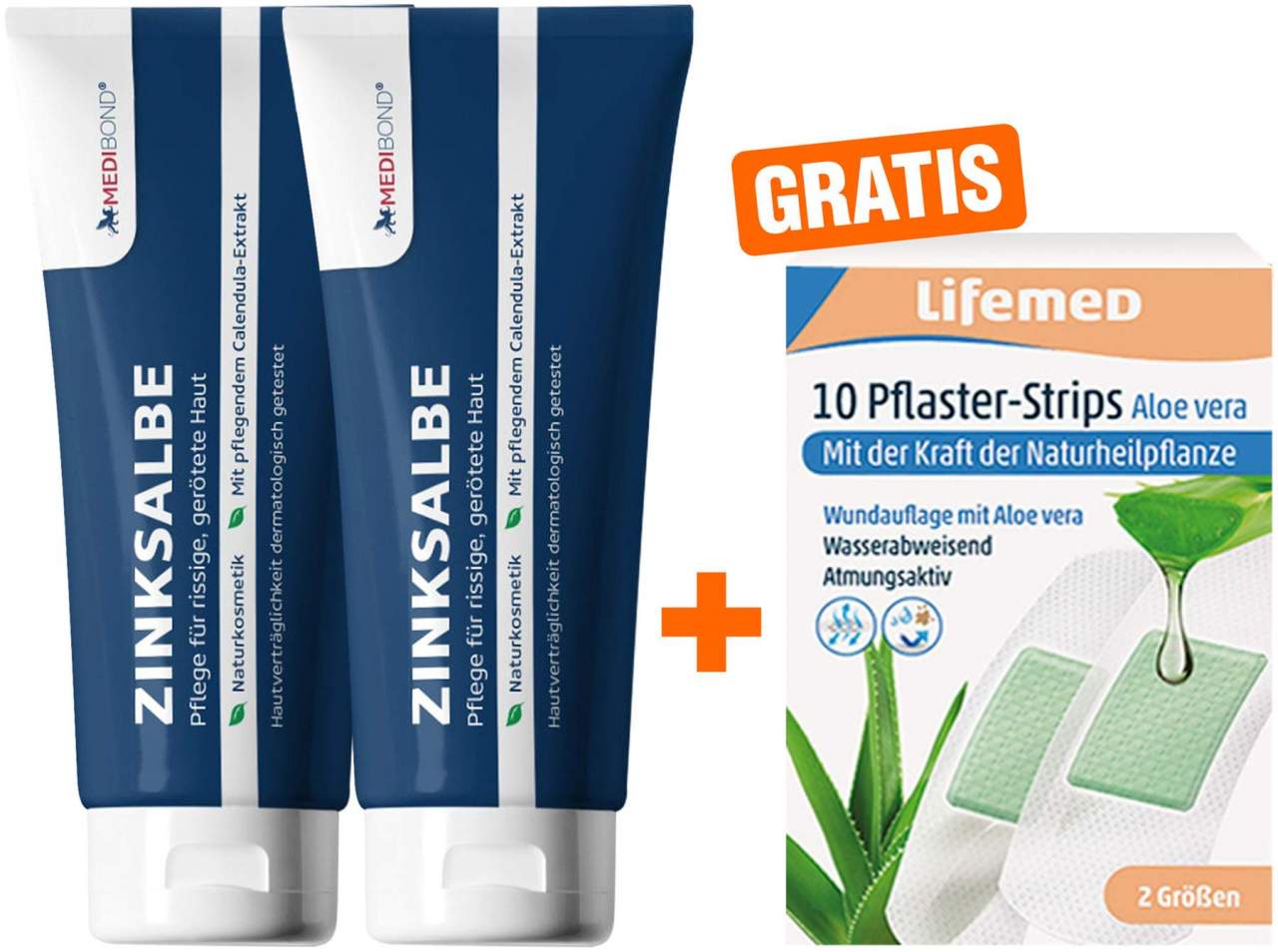 Zinksalbe Medibond 2 x 50 ml + gratis Pflaster-Strips Aloe Vera 10 Stück, 2 Größen