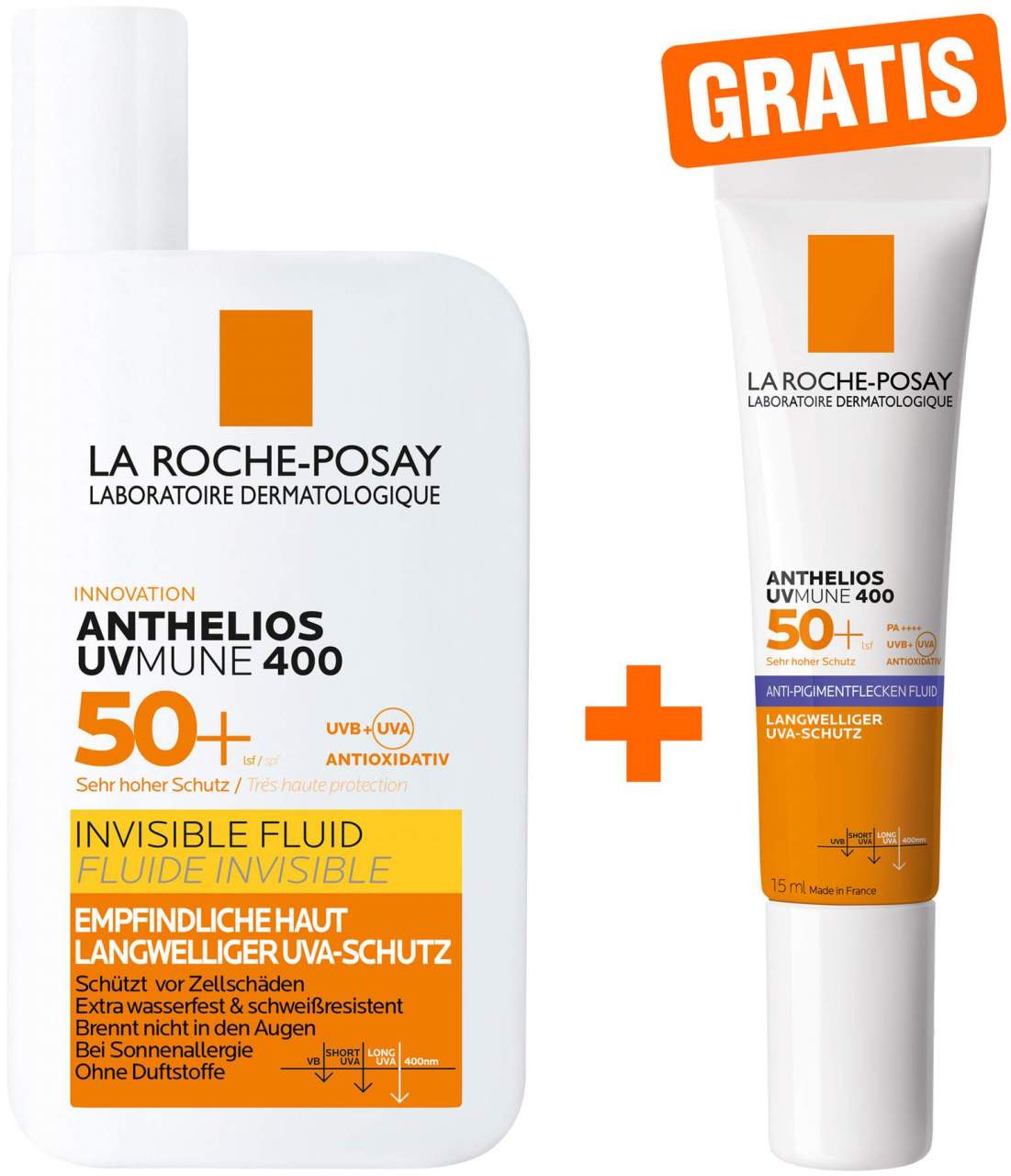 La Roche Posay Anthelios UVMune 400 Invisible Fluid LSF 50+ + gratis La Roche Posay Anti-Pigment Fluid 15 ml - Sonnenfluid bei empfindlicher Haut & Allergie
