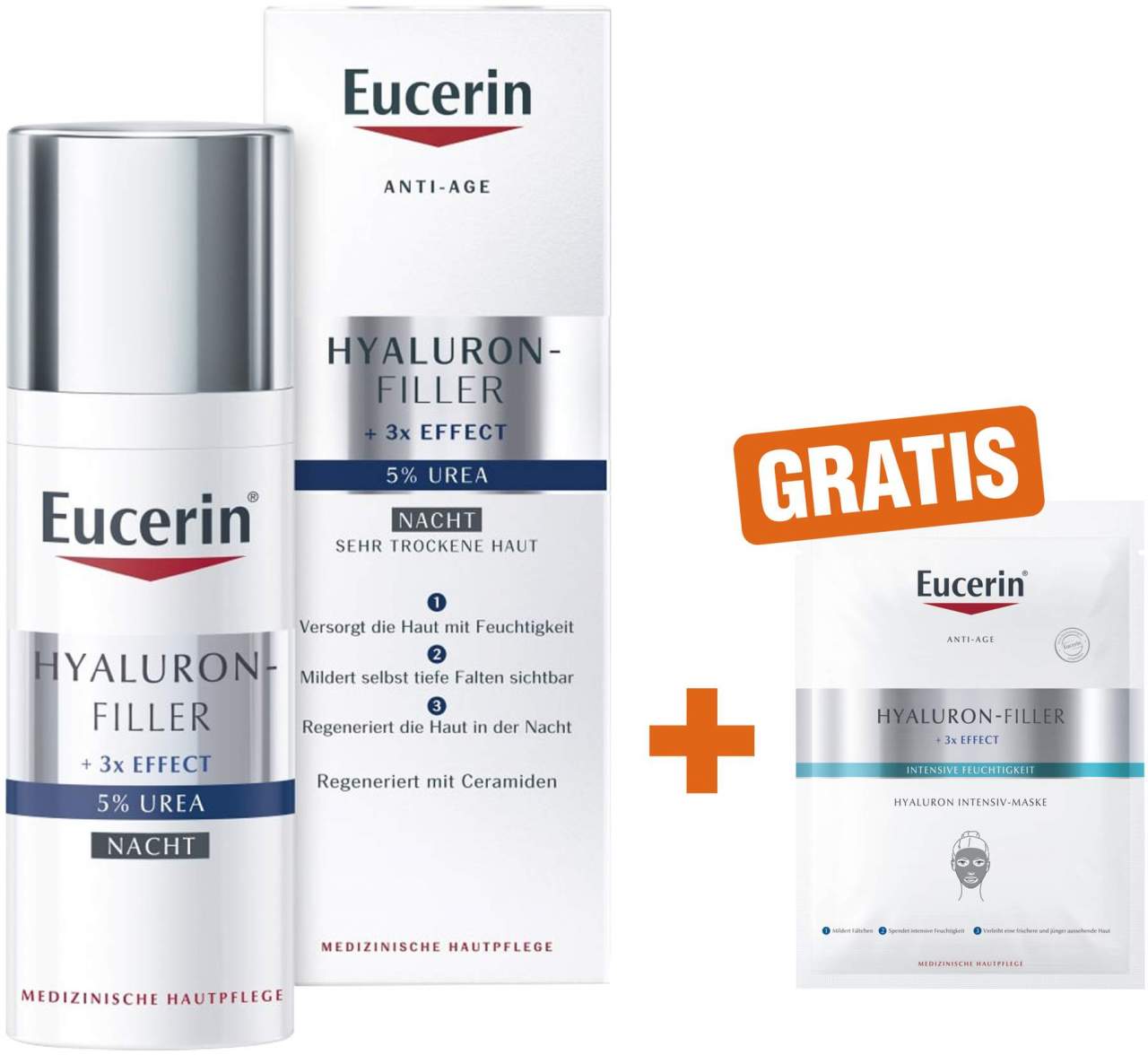 Eucerin AntiAge Hyaluron-Filler Urea Nachtpflege 50 ml Creme + gratis Anti Age Hyaluron Filler Intensiv Maske 1 Stück - Faltenauffüllende Hautpflege