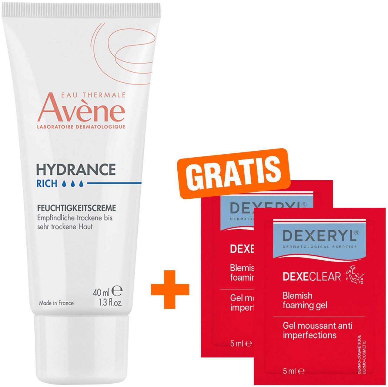 Avene Hydrance reichhaltige Feuchtigkeitscreme 40 ml + gratis Dexeryl Dexeclear schäumendes Reinigungsgel 2 x 5 ml