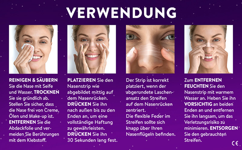 Die Verwendung von WICK ZzzQuil Gute Nacht Nasenstrips wird gezeigt und beschrieben: Nase reinigen & säubern, Nasenstrip platzieren, Strip auf dem Nasenrücken andrücken, zum Entfernen den Nasenstrip anfeuchten und vorsichtig an beiden Enden anheben.