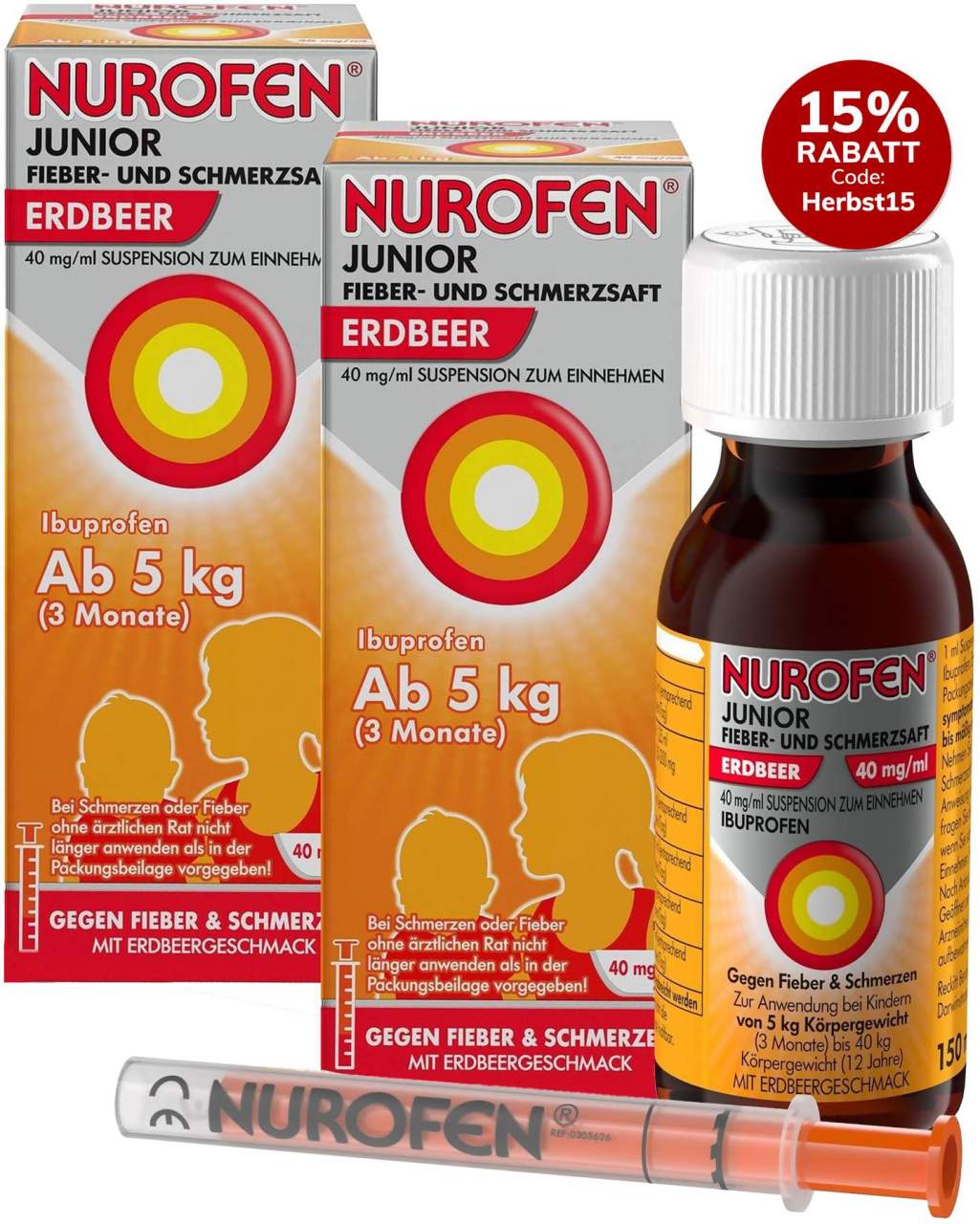 Nurofen Junior Fieber- & Schmerzsaft 40 mg pro 1 ml Erdbeere 2 x 150 ml