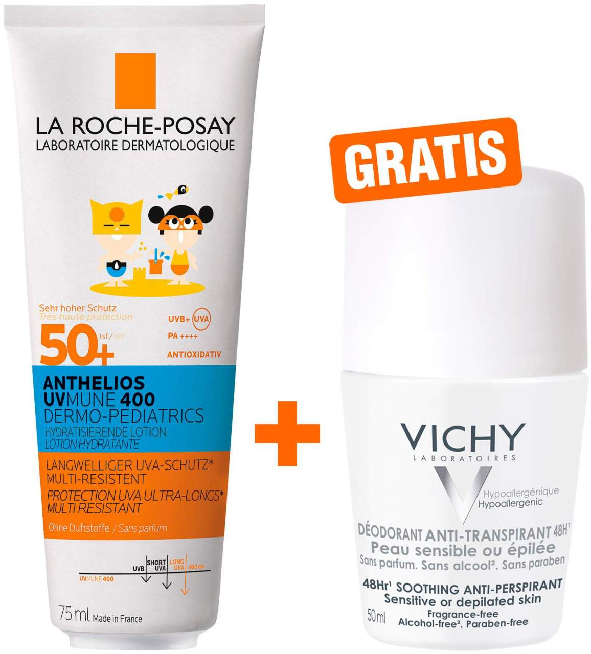 La Roche Posay Anthelios Dermo-Kids Hydratisierende Milch UVMune LSF50 75 ml + gratis Vichy Deo Roll-on 48h 50 ml - Sonnenschutz