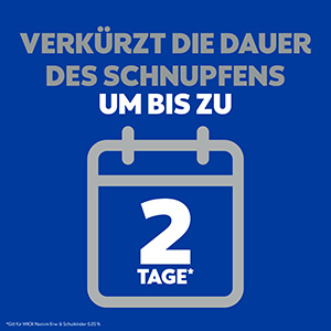 Ein Kalenderblatt wird gezeigt, auf dem steht: zwei Tage. Der Text darüber sagt: Verkürzt die Dauer des Schnupfens um bis zu.