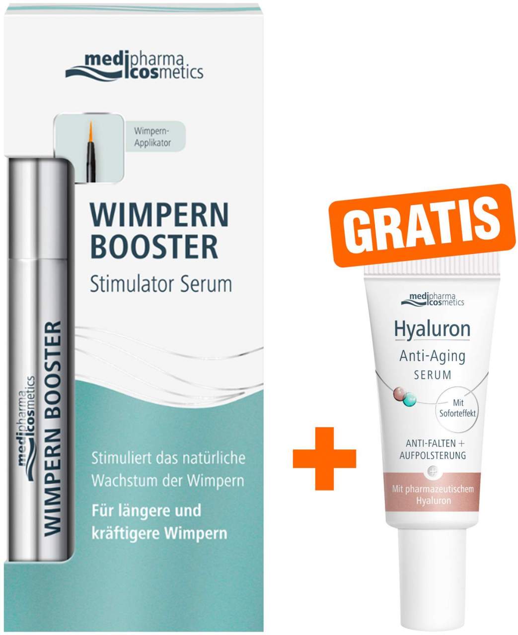 medipharma cosmetics Wimpern Booster Stimulator Serum 2,7 ml Konzentrat + gratis Hyaluron Anti - Aging Serum 5 ml - Für kräftigere Wimpern