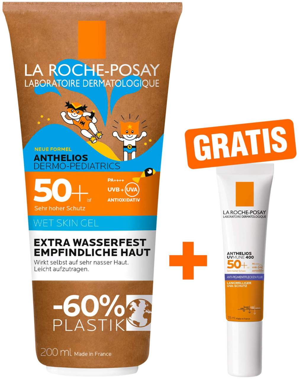 La Roche Posay Anthelios Dermo-Kids Wet Skin Gel LSF 50+ 200 ml + gratis Anthelios Anti-Pigment Fluid 15 ml - Sonnenschutzgel für Kinder