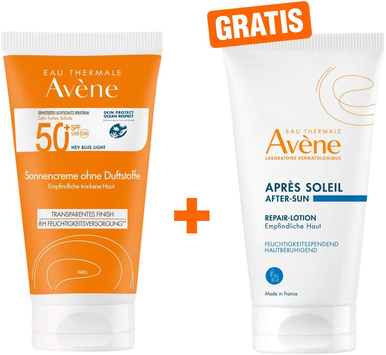 Avene Sonnencreme SPF 50+ ohne Duftstoffe 50 ml + gratis Repair - Lotion nach der Sonne 50 ml - Für empfindliche Haut