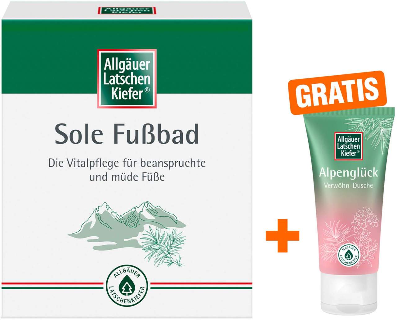 Allgäuer Latschenkiefer Sole Fuß- bad 10x10g Beutel + gratis Allgäuer Latschenkiefer Alpenglück Dusche 30 ml - Für beanspruchte Füße