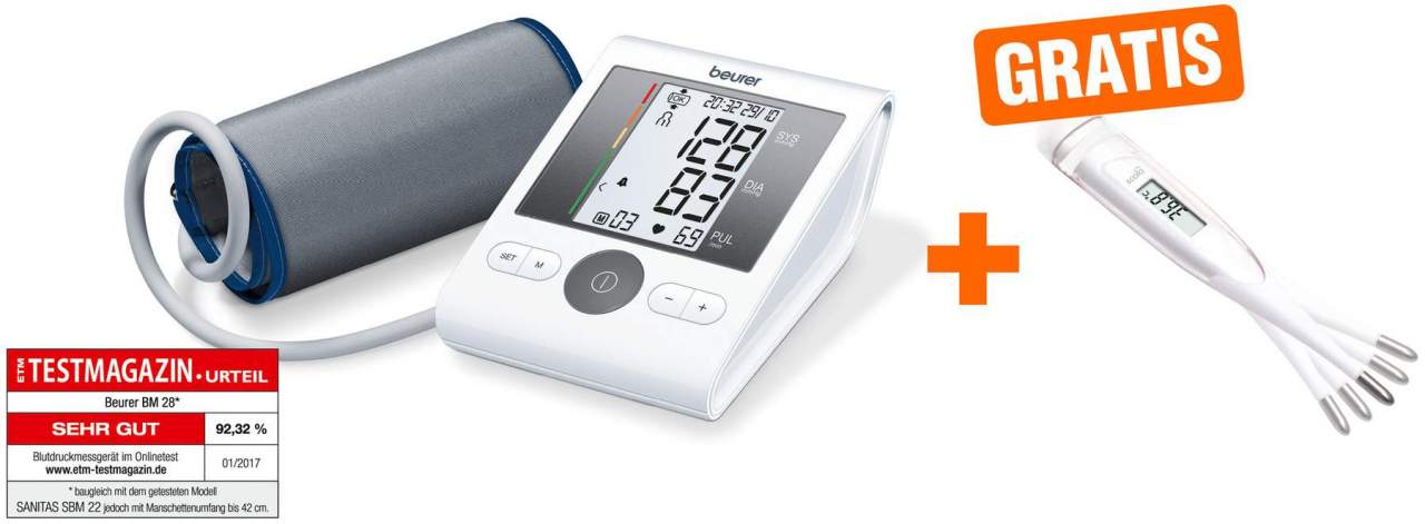 BEURER Oberarm Blutdruckmessgerät BM28 + Digitales Fieberthermometerflex gratis