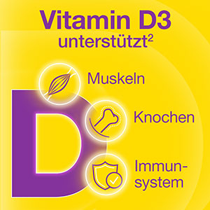 Vigantolvit Vitamin D3 unterstützt Muskeln, Knochen und das Immunsystem, wie durch die Symbole visuell hervorgehoben.