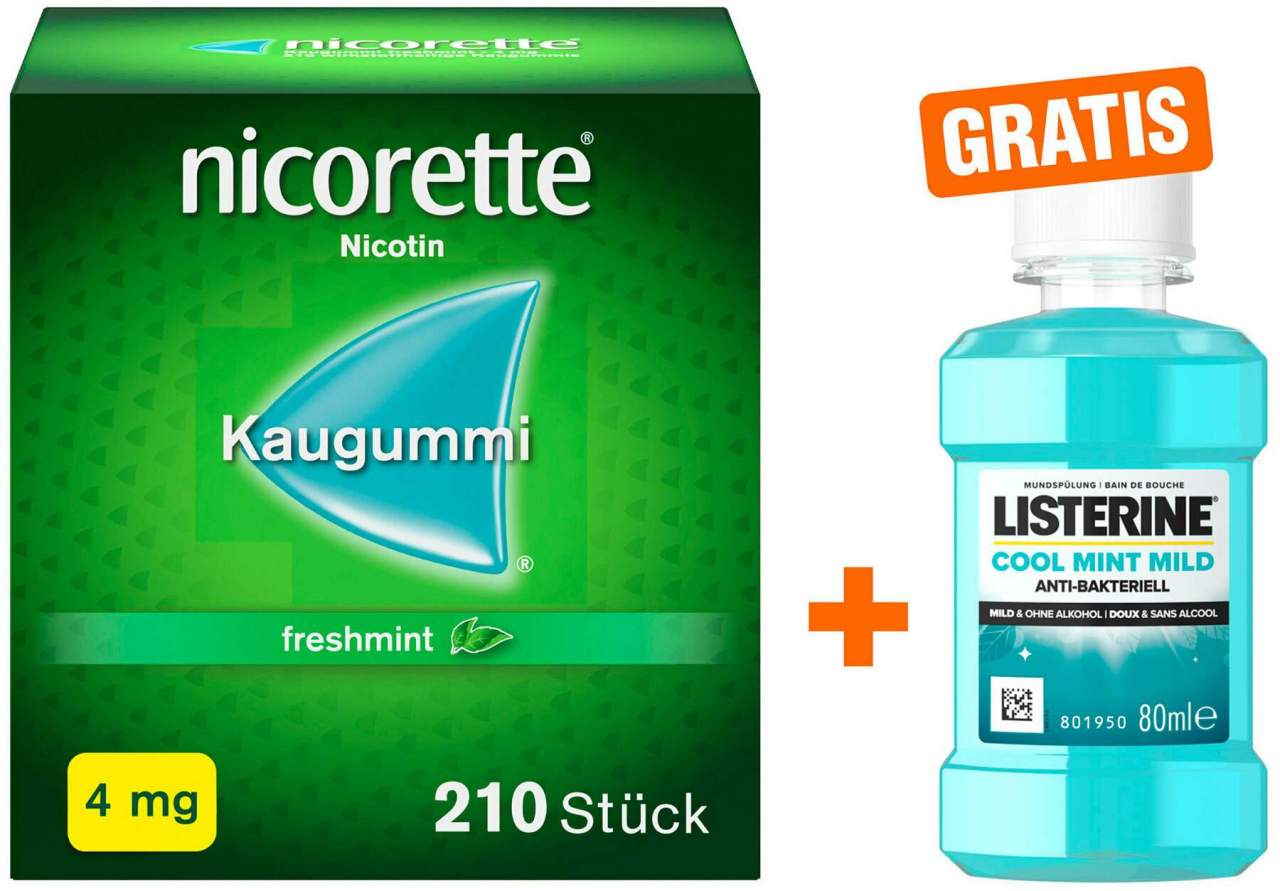 Nicorette 4 mg freshmint Kaugummi 210 Stück + gratis Listerine Cool mint 80 ml