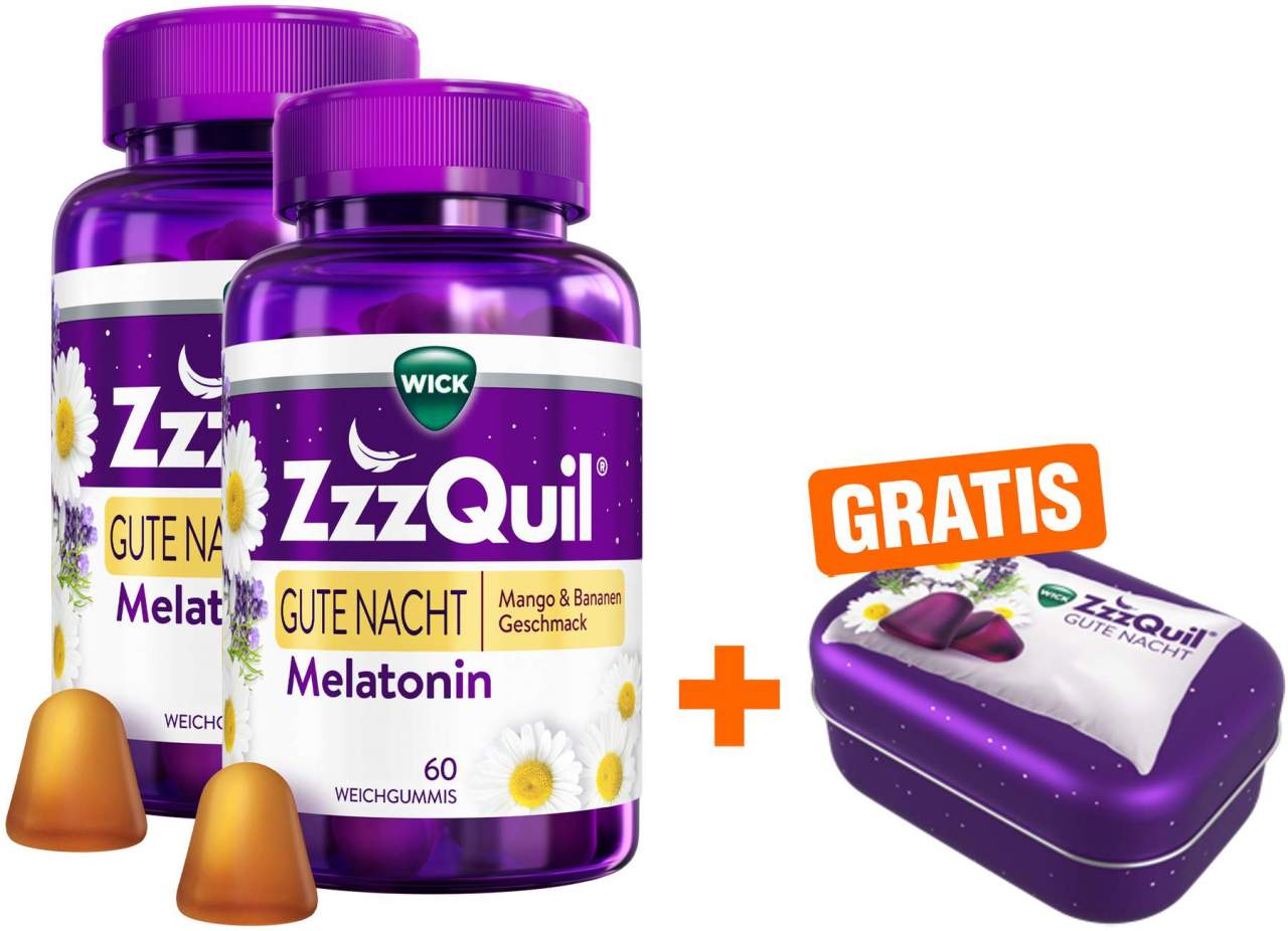 Wick ZzzQuil Gute Nacht Mango & Banane 2 x 60 Weichgummis + gratis Wick ZzzQuil Reise-Dose 1 Stück