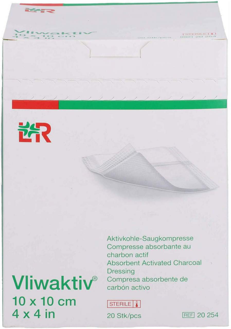 Vliwaktiv Aktivkohle-Saugkomp. Steril 10 X 10 cm 20 Stück
