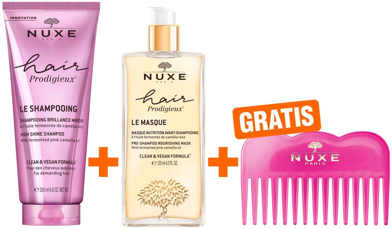NUXE Hair Prodigieux Glanz-Shampoo 200 ml + NUXE Hair Prodigieux Pre-Shampoo-Maske 125 ml + gratis Kamm 1 Stück
