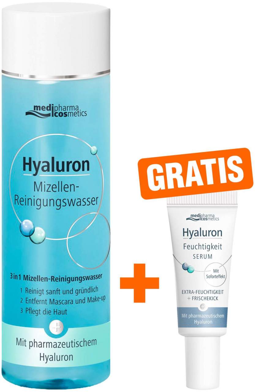 Medipharma cosmetics Hyaluron Mizellen Reinigungswasser 200 ml + gratis Hyaluron Feuchtigkeit Serum 5 ml - Bei empfindlicher Haut
