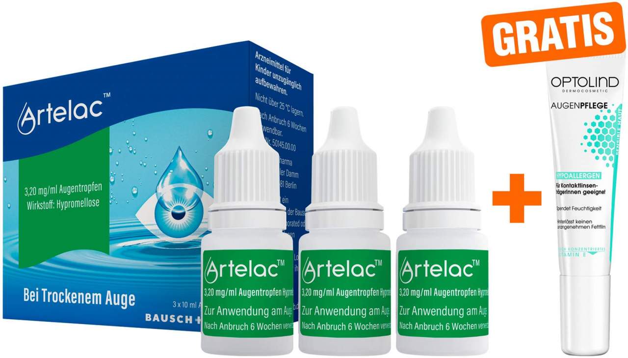 Artelac 3x10ml Augentropfen + gratis Optolind Empflindl. Haut Augenpflege 15 ml