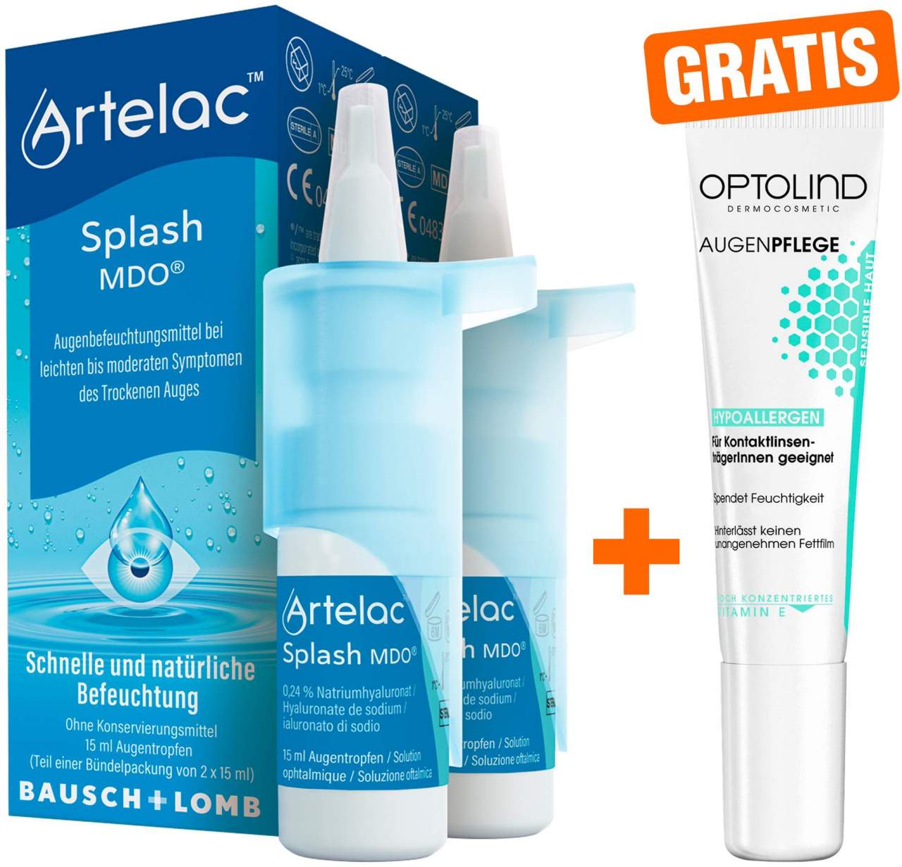 Artelac Splash MDO 2 x 15 ml Augentropfen + gratis Optolind Empflindl. Haut Augenpflege 15 ml