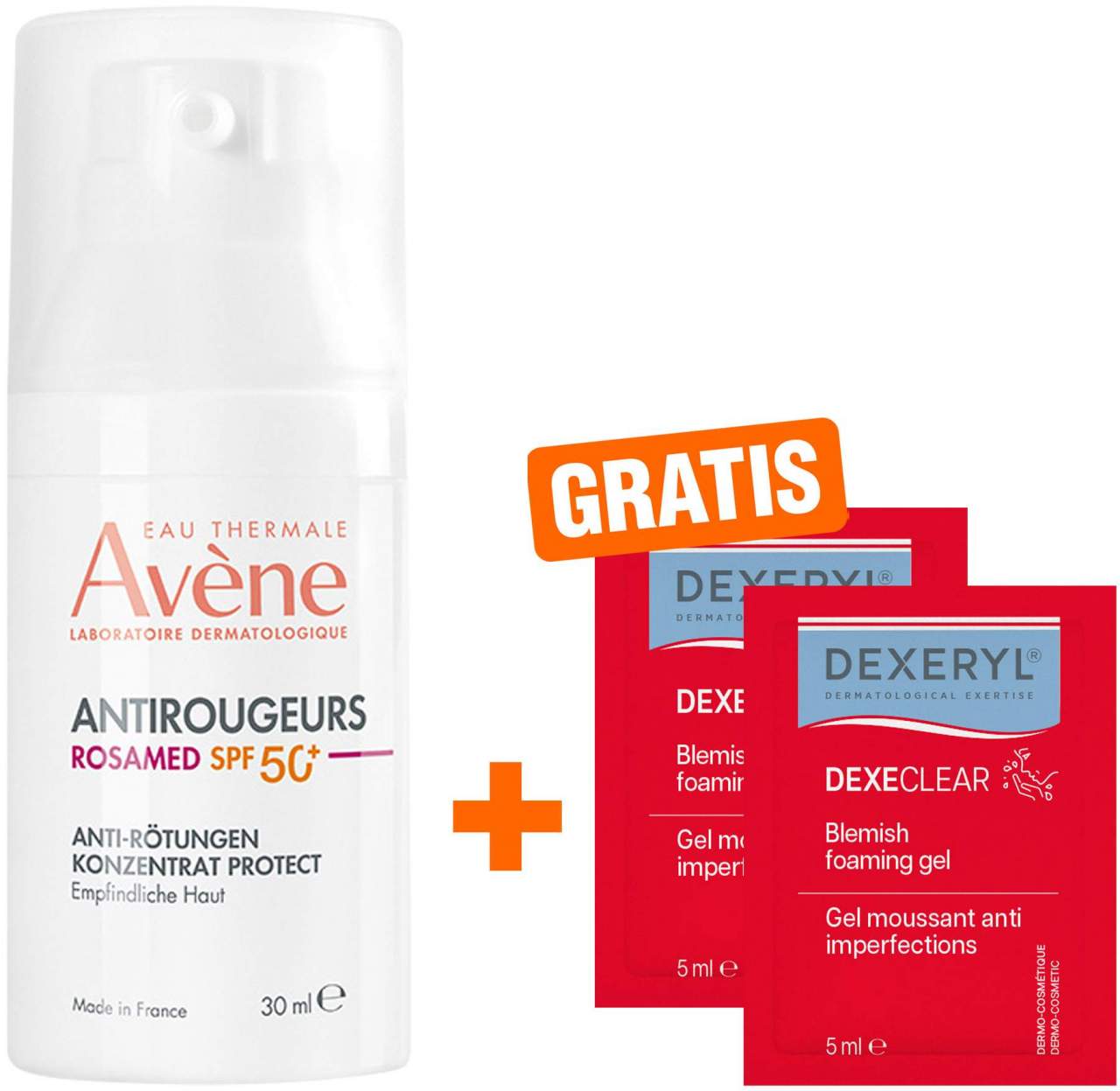 Avene Antirougeurs Rosamed Anti-Rötungen Protect SPF50 30 ml + gratis Dexeryl Dexeclear schäumendes Reinigungsgel 2 x5ml