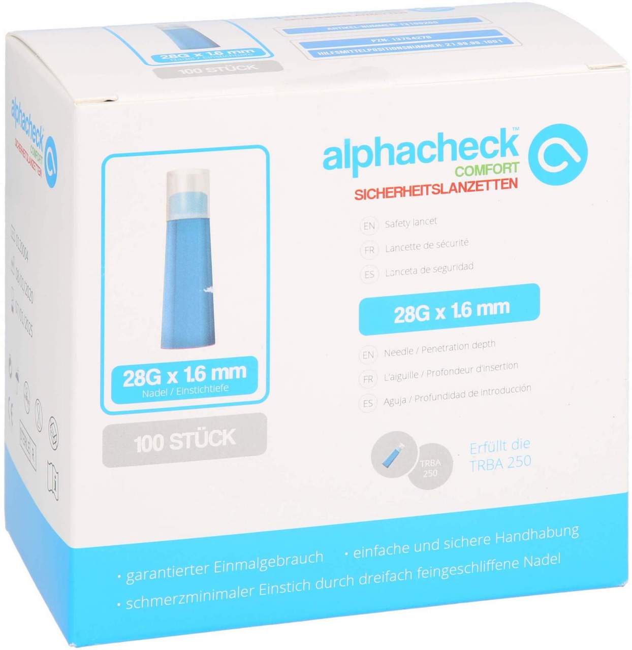 Alphacheck Comfort Sicherheitslanzetten 28 G X 1,6 mm 100 Stück