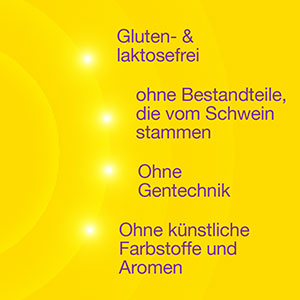 Vigantolvit: Vorteile hervorgehoben - gluten- und laktosefrei, ohne Bestandteile, die vom Schwein stammen, ohne Gentechnik, ohne künstliche Farbstoffe und Aromen.