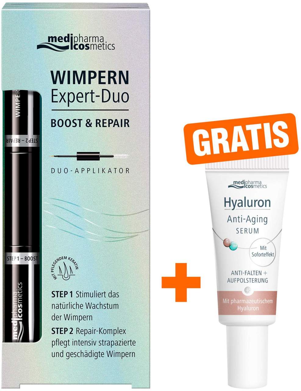 medipharma cosmetics Wimpern Expert - Duo Boost und Repair 8 ml Stift + gratis Hyaluron Anti - Aging Serum 5 ml - Für schöne Wimpern