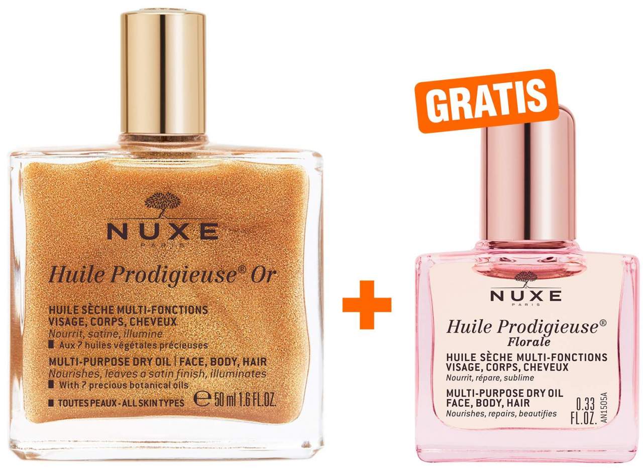 NUXE Huile Prodigieuse OR 50 ml + gratis Huile Prodigieuse Florale 10 ml - Schimmerndes Trockenöl